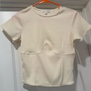 Cream Ribbed Fitted Short Sleeve T-Shirt